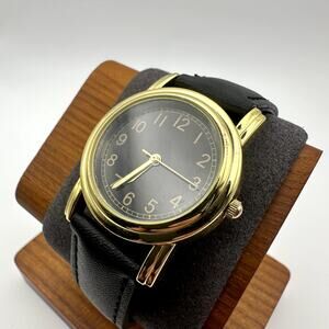 Vintage Gold Tone Round Quartz Watch Black Dial Black Leather Strap